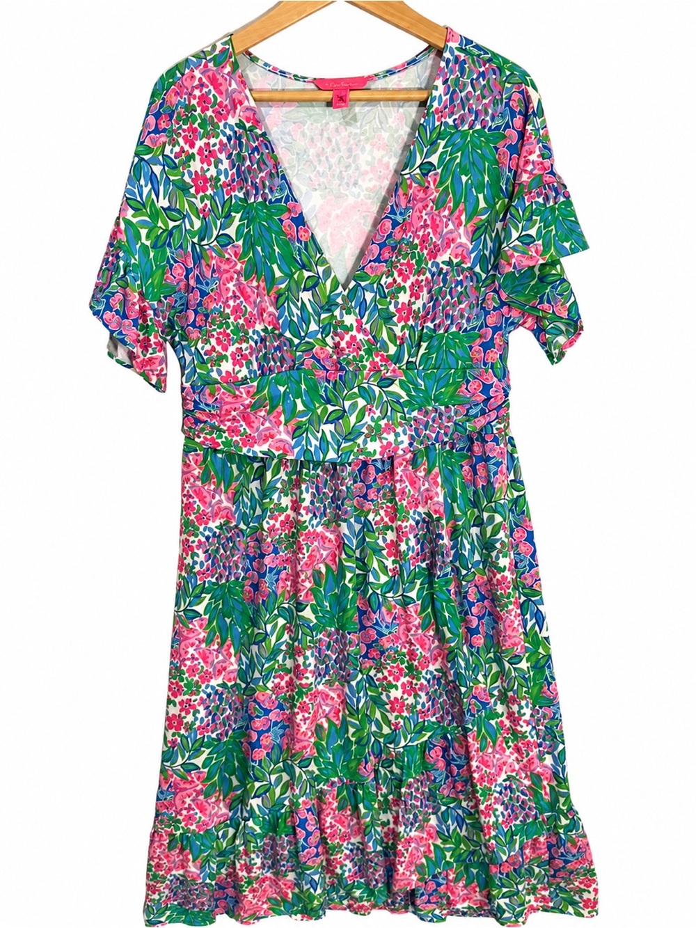 Lilly Pulitzer Juliet Ruffle Midi Dress XL Pink Blue Green Floral Tropical
